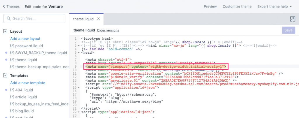 viewport no shopify está localizado sob o arquivo theme.liquid